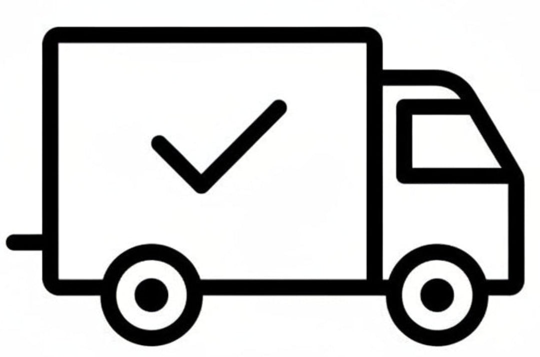 Icon of a delivery truck with a check mark on a white background