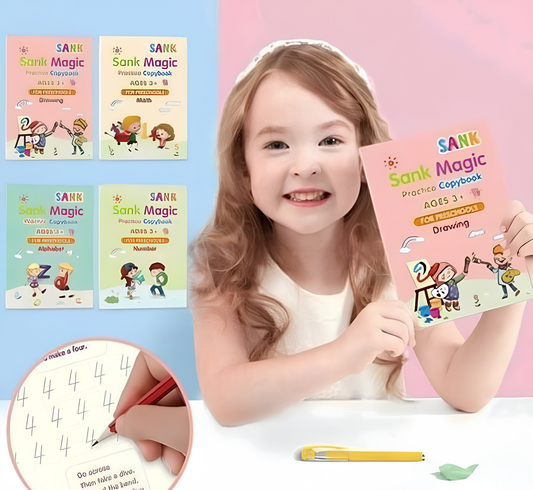Fun Magic Handwriting Practice Kit for Kids – 4 Copybooks with Magic Pen & 10 Refills (Ages 3+)